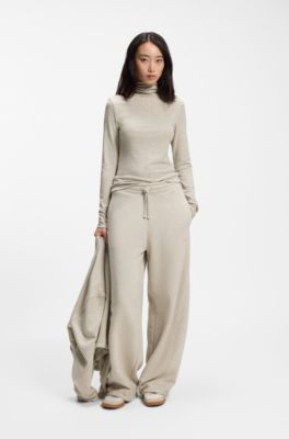 Relaxed-fit barrel-leg trousers in melange jersey, Light Beige
