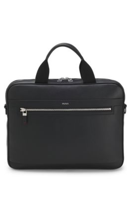 Faux-leather briefcase with logo lettering and detachable strap, Black