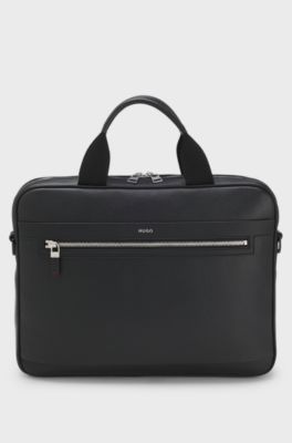Faux-leather briefcase with logo lettering and detachable strap, Black