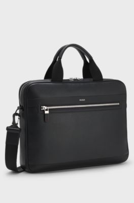 Faux-leather briefcase with logo lettering and detachable strap, Black