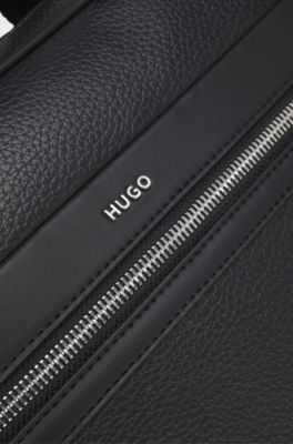 Faux-leather briefcase with logo lettering and detachable strap, Black