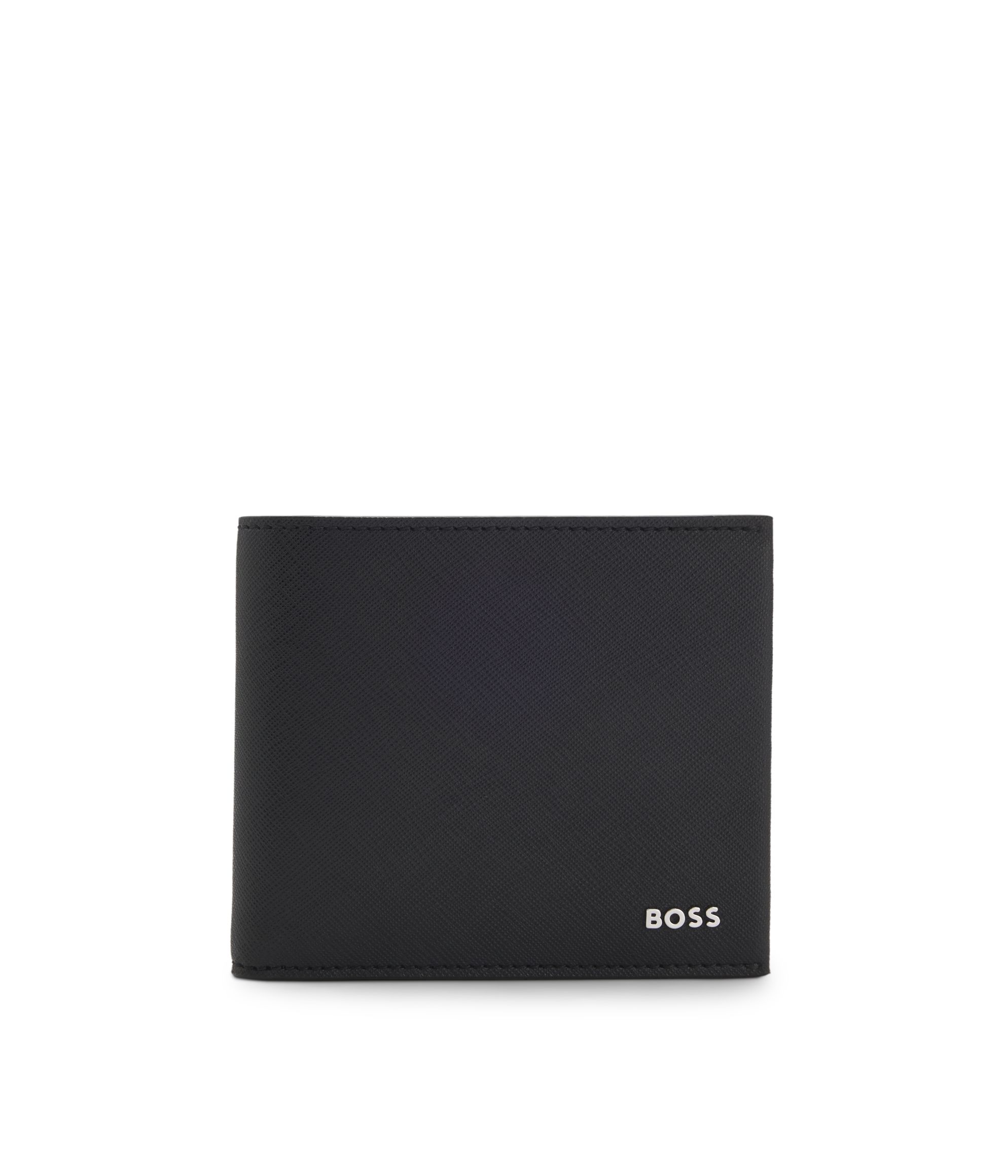 小物 BOSS BOSS - Structured folding wallet with metal logo lettering - Black