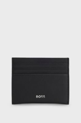 Card holder in textured leather with branding, Black