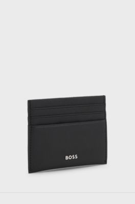 Card holder in textured leather with branding, Black