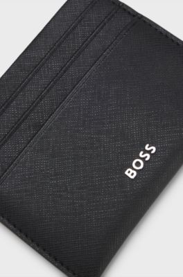 Card holder in textured leather with branding, Black