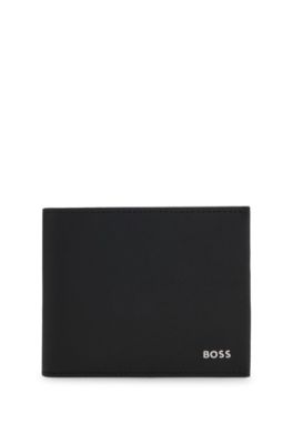 Structured trifold wallet with polished logo lettering, Black