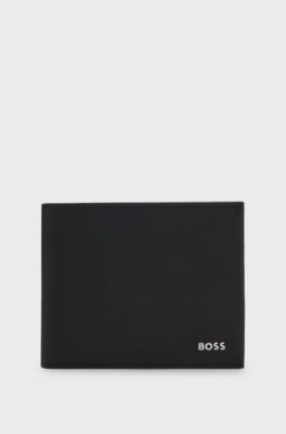 Structured trifold wallet with polished logo lettering, Black