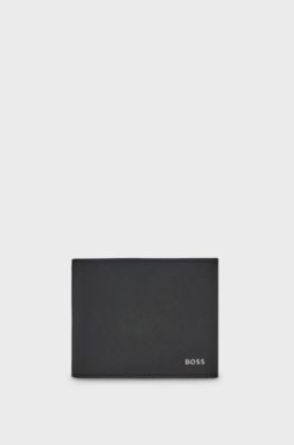 Structured trifold wallet with polished logo lettering, Black