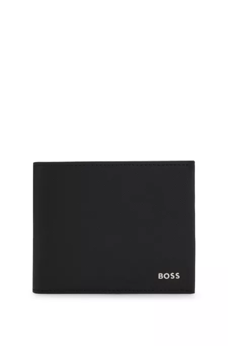 Structured trifold wallet with polished logo lettering