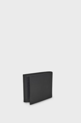 Structured trifold wallet with polished logo lettering, Black