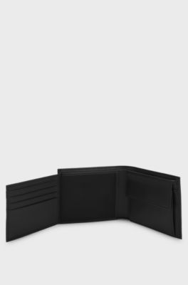 Structured trifold wallet with polished logo lettering, Black