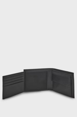 Structured trifold wallet with polished logo lettering, Black