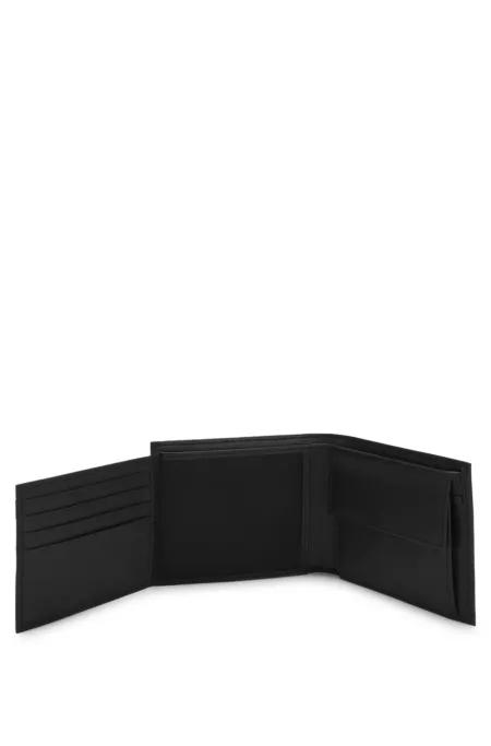 Structured trifold wallet with polished logo lettering