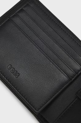 Structured trifold wallet with polished logo lettering, Black