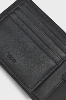 Structured trifold wallet with polished logo lettering, Black