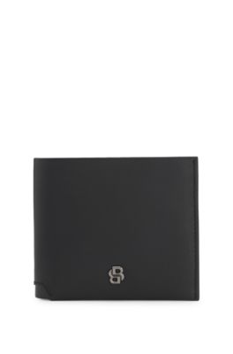 Matt leather wallet with refined logo plaque, Black