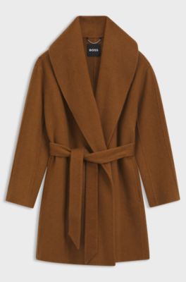 Shawl-lapel wrap coat in a melange wool blend, Brown