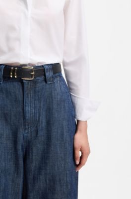 Cintura in pelle con passante gemello in metallo, Nero