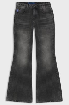 Jean Bootcut taille mi-haute en m&eacute;lange de coton &agrave; fines rayures, Noir &agrave; motif