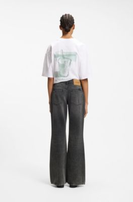 Jean Bootcut taille mi-haute en m&eacute;lange de coton &agrave; fines rayures, Noir &agrave; motif