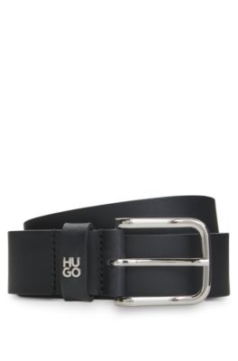 Italian-leather belt with stacked-logo metal trim, Black