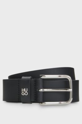 Italian-leather belt with stacked-logo metal trim, Black