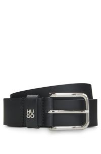 Italian-leather belt with stacked-logo metal trim, Black