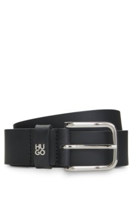 Italian-leather belt with stacked-logo metal trim