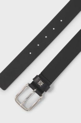 Italian-leather belt with stacked-logo metal trim, Black