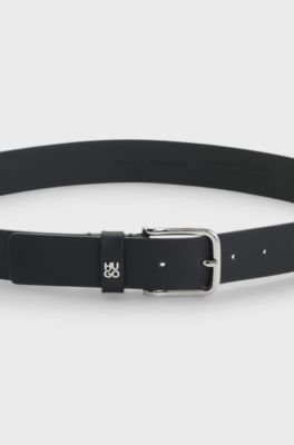 Italian-leather belt with stacked-logo metal trim, Black