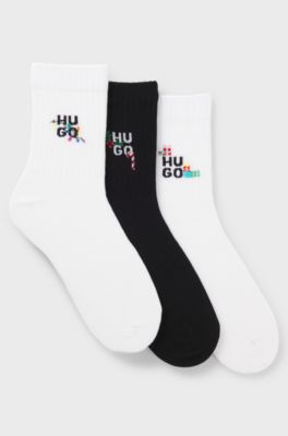 Three-pack of cotton-blend socks with check design, White / Black