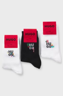 Three-pack of cotton-blend socks with check design, White / Black