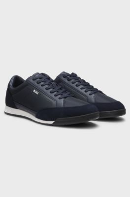 Sneakers con rifiniture in pelle scamosciata e suola a spina di pesce, Blu scuro