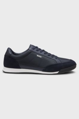 Sneakers con rifiniture in pelle scamosciata e suola a spina di pesce, Blu scuro