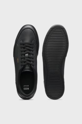 Baskets en cuir avec logo imprim&eacute; en transfert, Noir