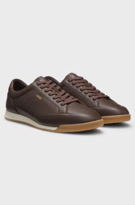 Baskets en cuir avec logo imprim&eacute; en transfert, Marron fonc&eacute;