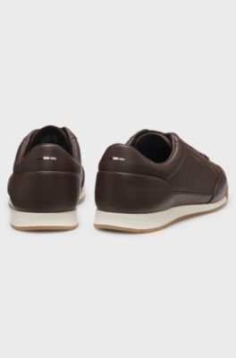 Leather trainers with foil logo, Dark Brown