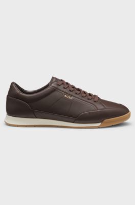 Leather trainers with foil logo, Dark Brown