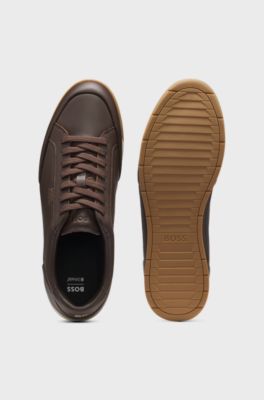 Leather trainers with foil logo, Dark Brown