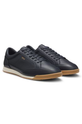 Leather trainers with foil logo, Dark Blue