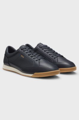 Sneakers in pelle con logo in lamina, Blu scuro