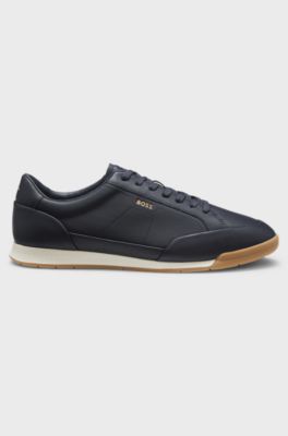 Sneakers in pelle con logo in lamina, Blu scuro