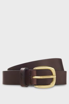 Italian-leather belt with gold-tone buckle, Dark Brown
