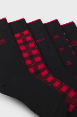 Gift-boxed five-pack of regular-length logo socks, Black / Red