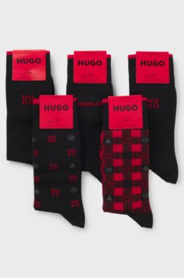 Gift-boxed five-pack of regular-length logo socks, Black / Red
