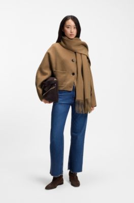 Giacca corta oversize con sciarpa rimovibile, Marrone chiaro
