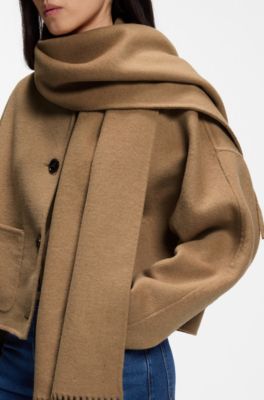 Cropped oversized-fit jacket with detachable scarf, Light Brown