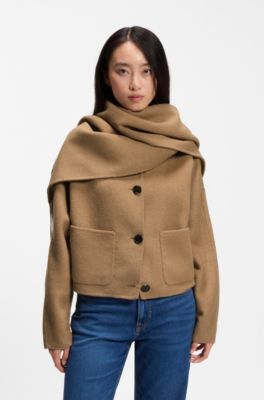 Cropped oversized-fit jacket with detachable scarf, Light Brown