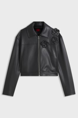 Faux-leather jacket with floral embellishments, Black