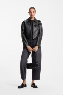 Faux-leather jacket with floral embellishments, Black